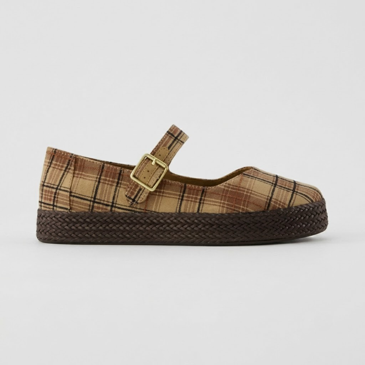 Carolina Mary Jane - Geruite Espadrille in Toffee