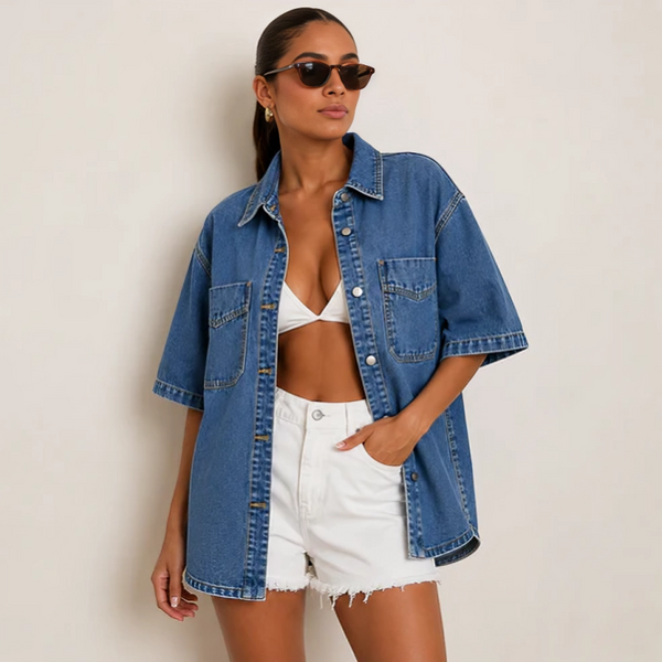 Livia Denim | Luchtige Denim Overshirt Met Korte Mouwen
