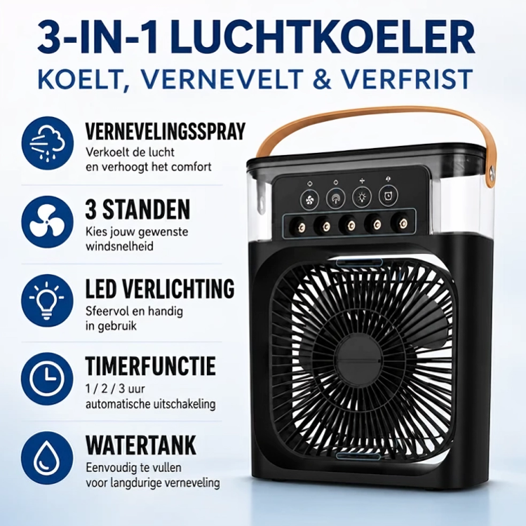 BreezeCool | Draagbare Aircooler met Ventilator, Verneveling & Luchtbevochtiger